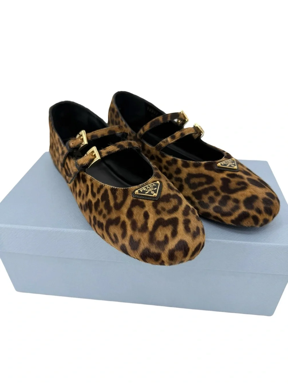 Prada Leopard Haircalf Double Strap Ballet Flats 38.5 US 8.5 NIB Current Style - Picture 7 of 17